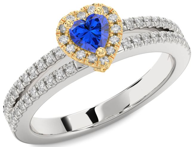 Diamond Blue Sapphire Gold Silver Heart Pave Promise Ring