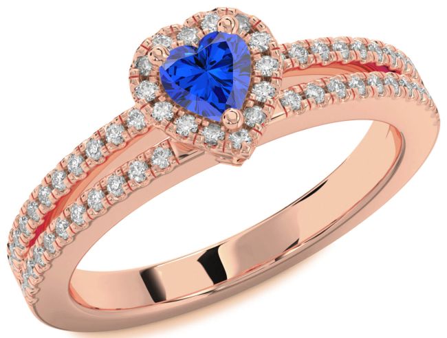 Diamond Blue Sapphire Rose Gold Silver Heart Pave Promise Ring