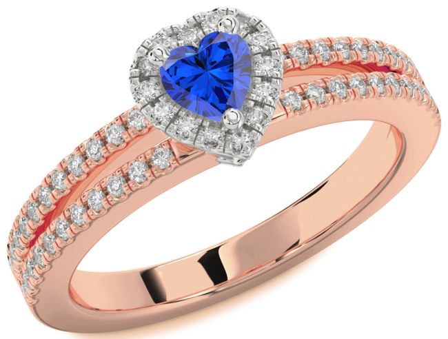 Diamond Blue Sapphire Rose Gold Silver Heart Pave Promise Ring