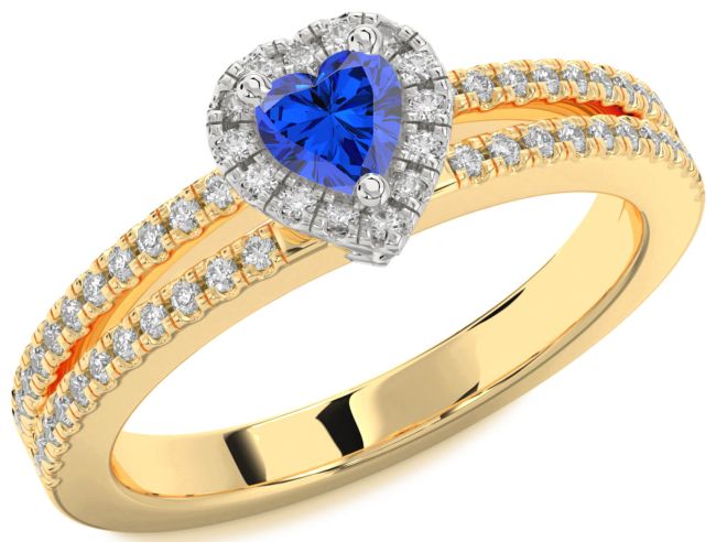 Diamond Blue Sapphire White Yellow Gold Heart Pave Promise Ring