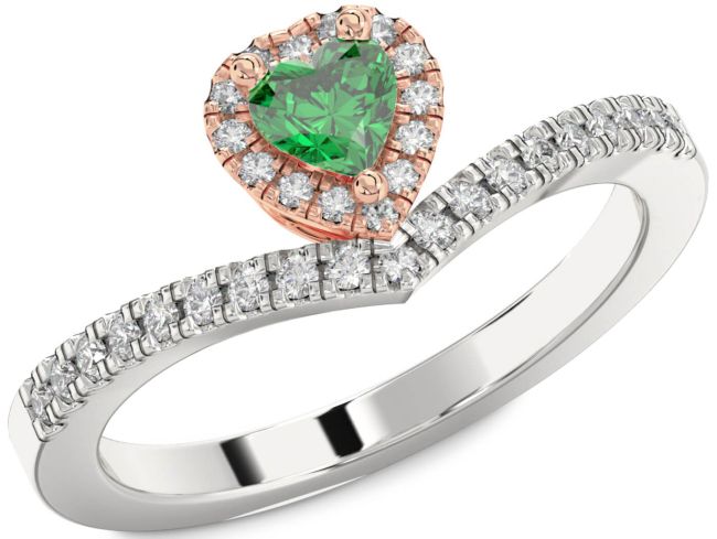 Diamond Emerald Platinum & Rose Gold Heart Pave Promise Ring