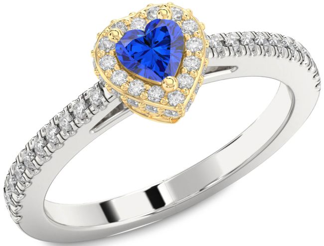 Diamond Blue Sapphire Gold Silver Heart Pave Promise Ring