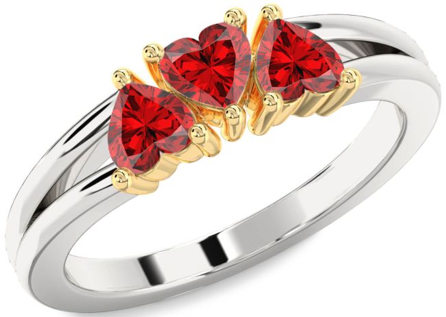 Ruby Gold Silver Heart Three Stone Birthstone Ring