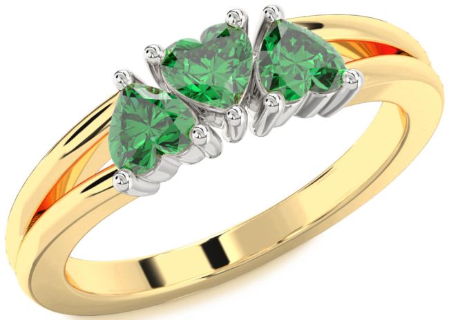 Emerald Gold Silver Heart Three Stone Birthstone Ring