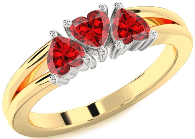 Ruby Gold Silver Heart Three Stone Birthstone Ring