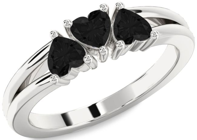 Black Diamond Silver Heart Three Stone Ring