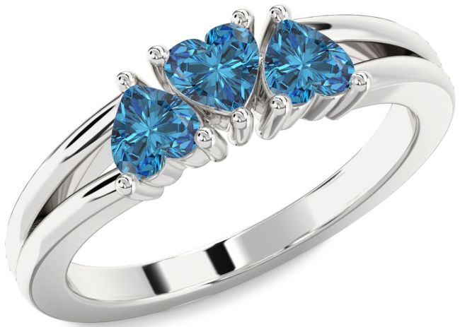 Blue Diamond Silver Heart Three Stone Ring