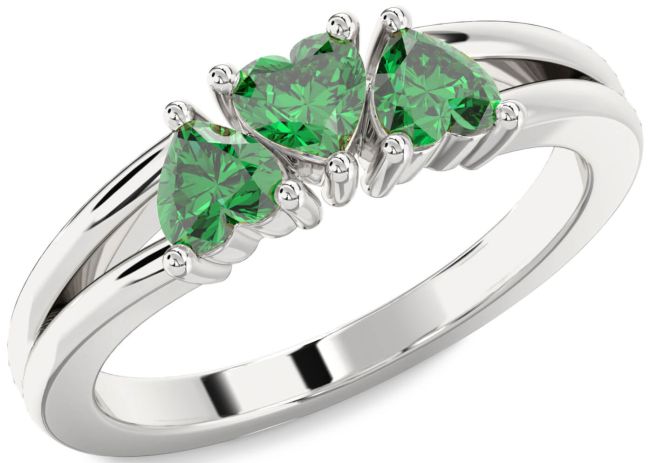 Emerald Silver Heart Three Stone Birthstone Ring