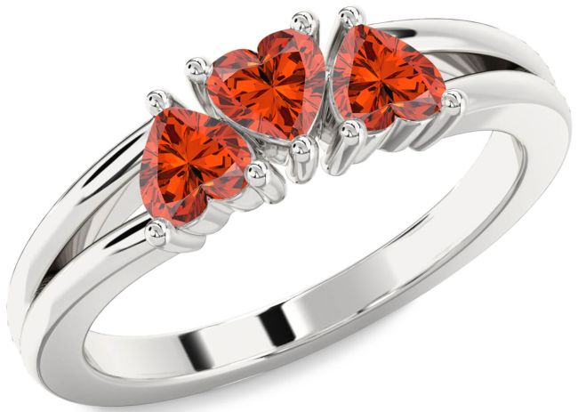 Fire Opal Silver Heart Three Stone Ring