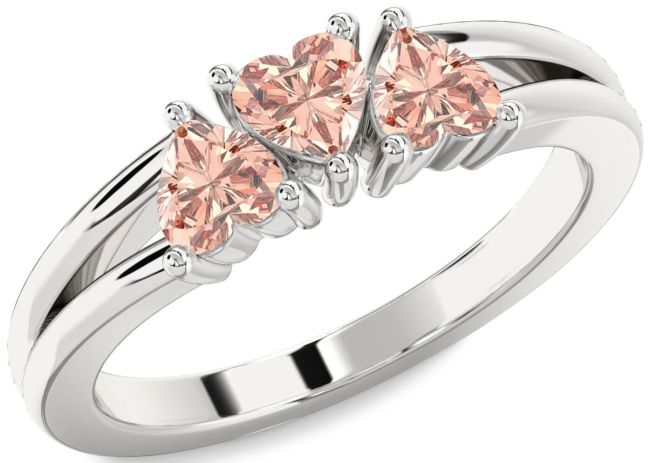 Morganite Silver Heart Three Stone Ring