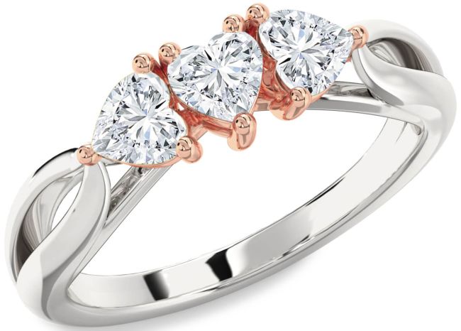 Diamond Rose Gold Silver Heart Three Stone Ring