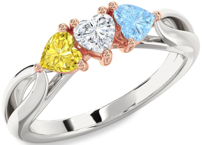 Silver & 10K Rose Gold Heart Three Stone Mother's Ring