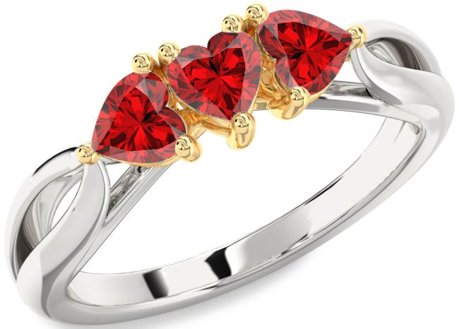 Ruby Gold Silver Heart Three Stone Birthstone Ring
