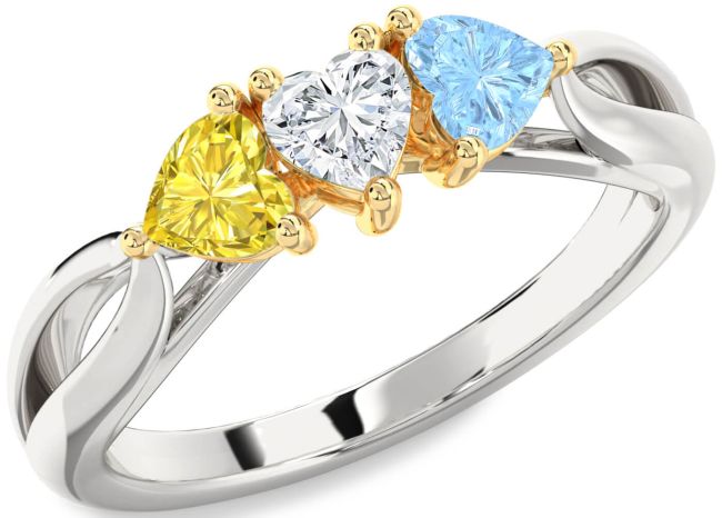 White Yellow Gold Heart Three Stone Mother's Ring