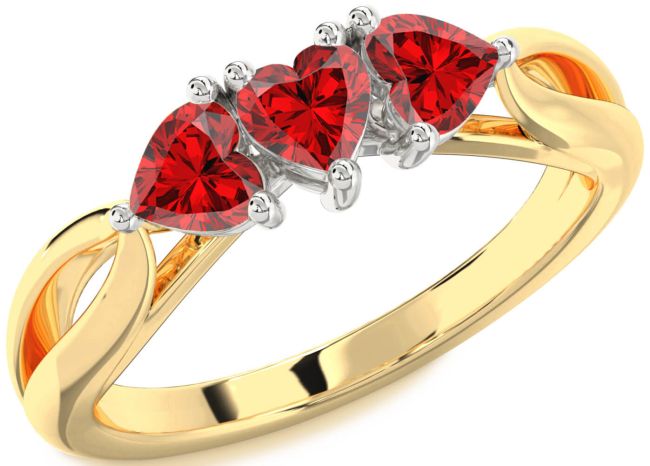 Ruby Gold Silver Heart Three Stone Birthstone Ring