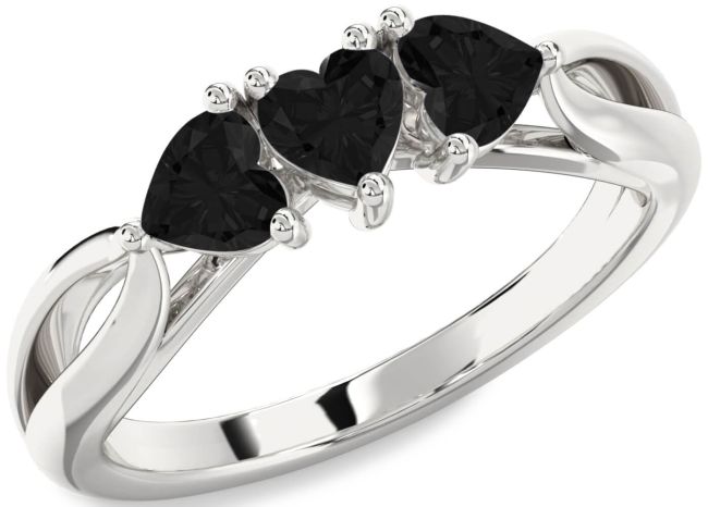 Black Diamond Silver Heart Three Stone Ring