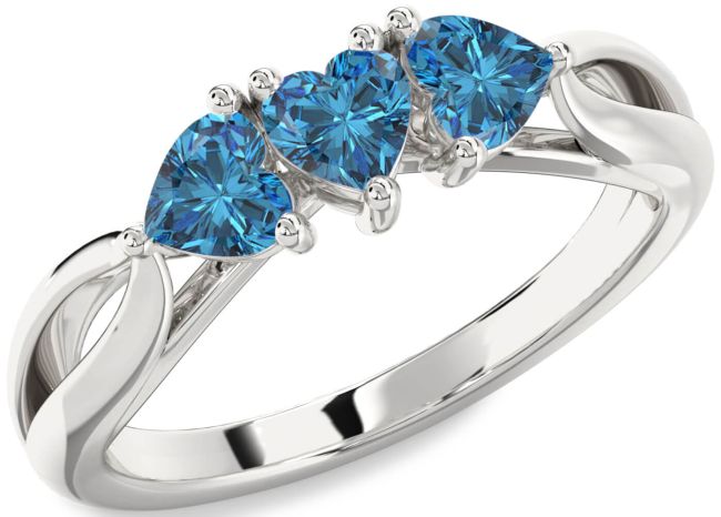 Blue Diamond Silver Heart Three Stone Ring
