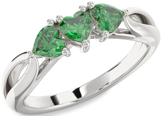 Emerald Silver Heart Three Stone Birthstone Ring