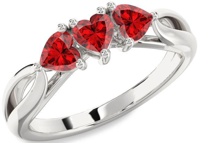 Ruby Silver Heart Three Stone Birthstone Ring