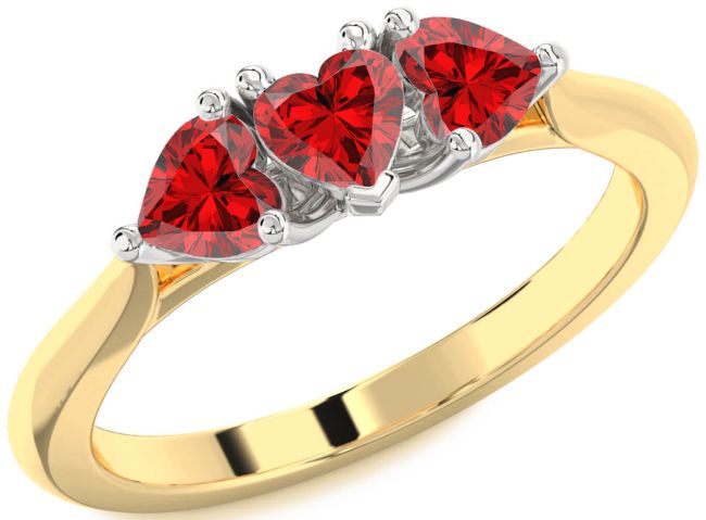 Ruby Gold Silver Heart Three Stone Birthstone Ring