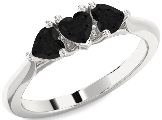 Black Diamond Silver Heart Three Stone Ring