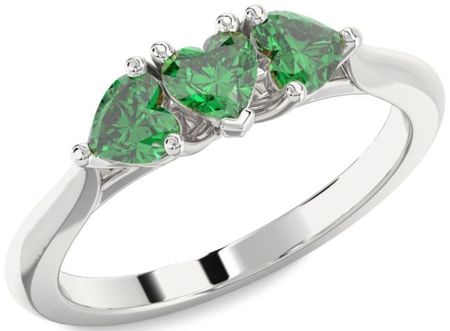 Emerald Silver Heart Three Stone Birthstone Ring