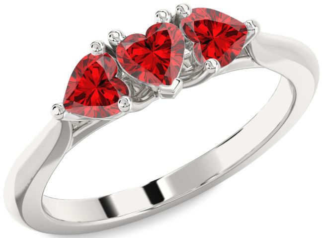 Ruby Silver Heart Three Stone Birthstone Ring