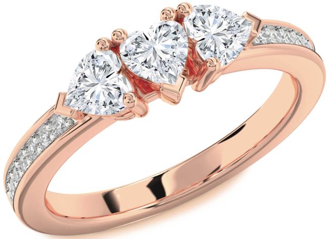 Diamond Rose Gold Silver Heart Three Stone Pave Ring