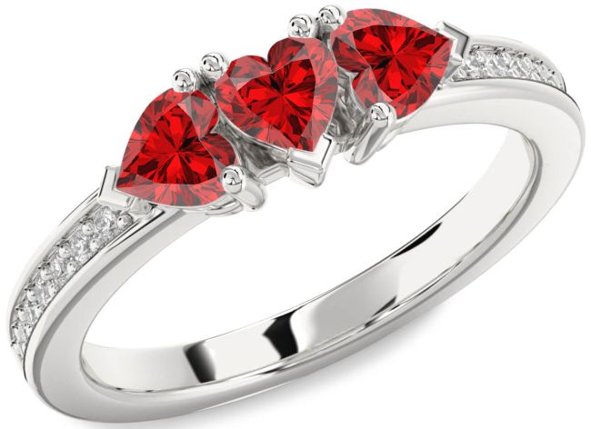 Diamond Ruby Silver Heart Three Stone Pave Birthstone Ring