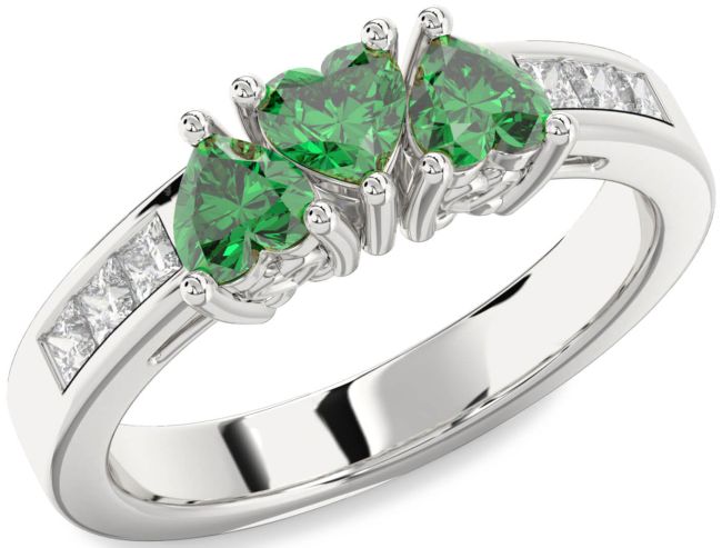 Diamond Emerald Silver Heart Four Stone Birthstone Ring