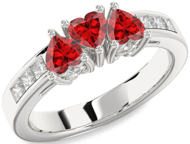 Diamond Ruby Silver Heart Four Stone Birthstone Ring