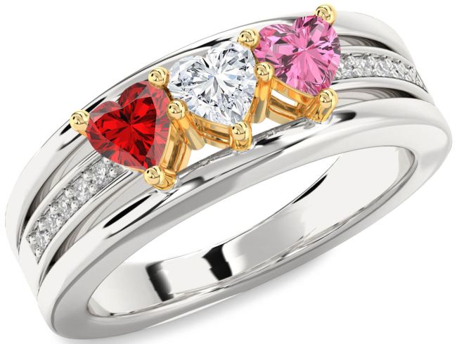 Diamond Silver & 10K gold Heart Three Stone Mother's Ring