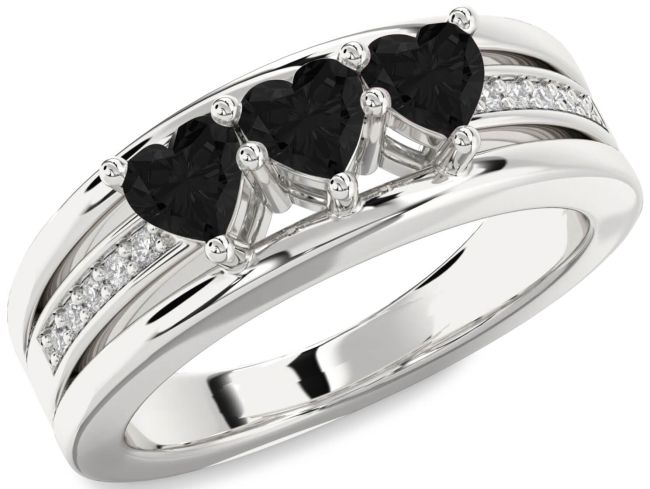 Black Diamond Silver Heart Three Stone Ring