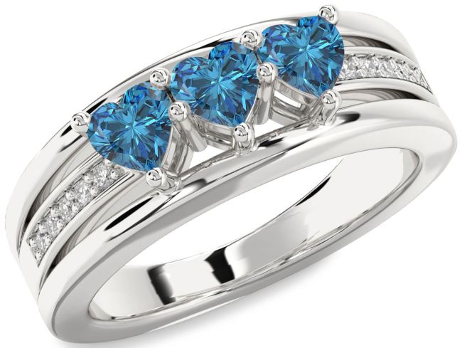Blue Diamond Silver Heart Three Stone Ring