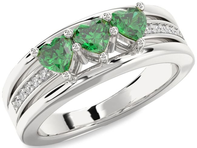 Diamond Emerald Silver Heart Three Stone Birthstone Ring