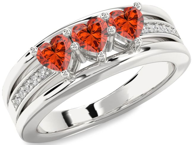 Diamond Fire Opal Silver Heart Three Stone Ring
