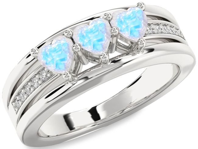 Diamond Moonstone Silver Heart Three Stone Ring