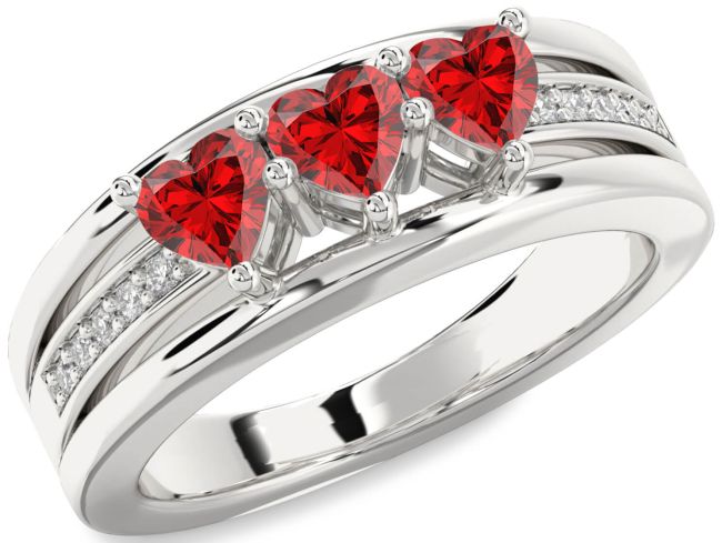 Diamond Ruby Silver Heart Three Stone Birthstone Ring