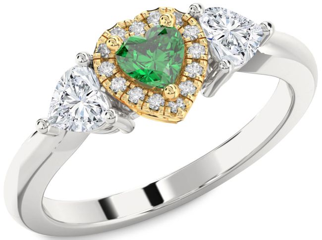 Diamond Emerald Platinum & Yellow Gold Heart Three Stone Engagement Ring