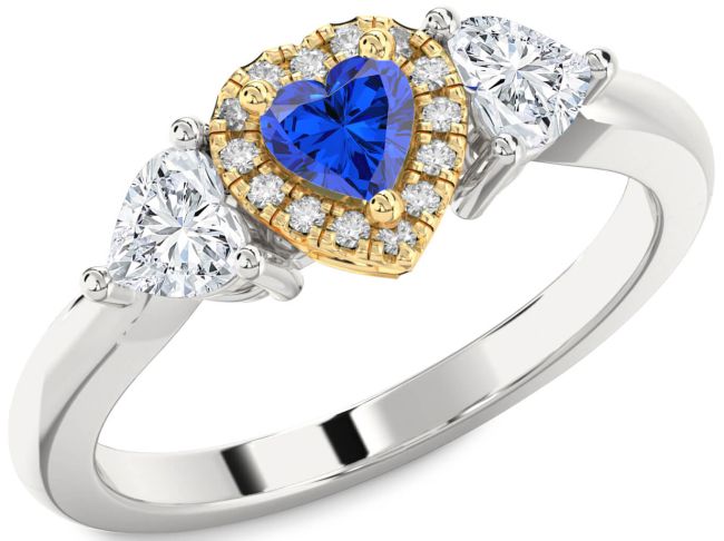 Diamond Blue Sapphire Platinum & Yellow Gold Heart Three Stone Engagement Ring