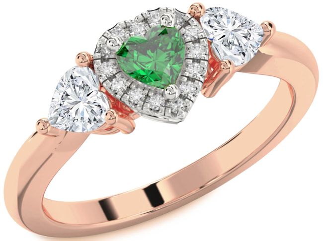 Diamond Emerald Platinum & Rose Gold Heart Three Stone Engagement Ring