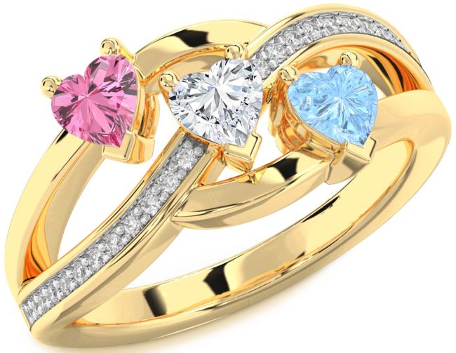 Diamond Gold Silver Heart Three Stone Mother's Ring