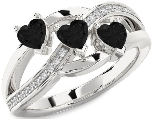 Black Diamond Silver Heart Three Stone Ring