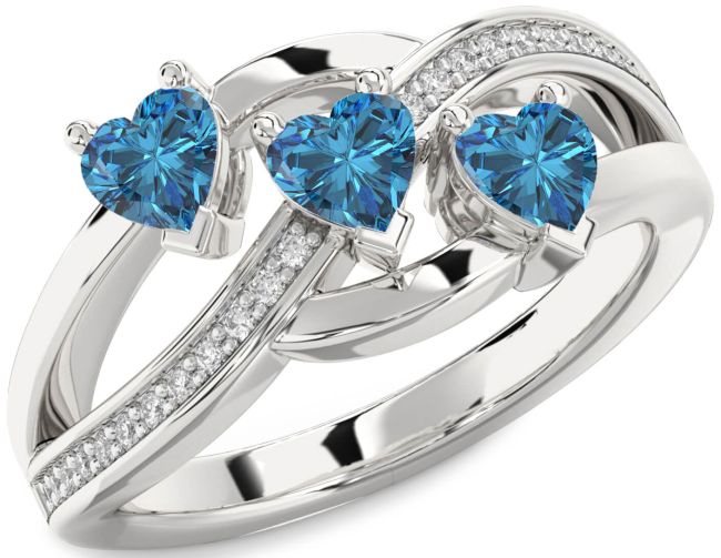 Blue Diamond Silver Heart Three Stone Ring
