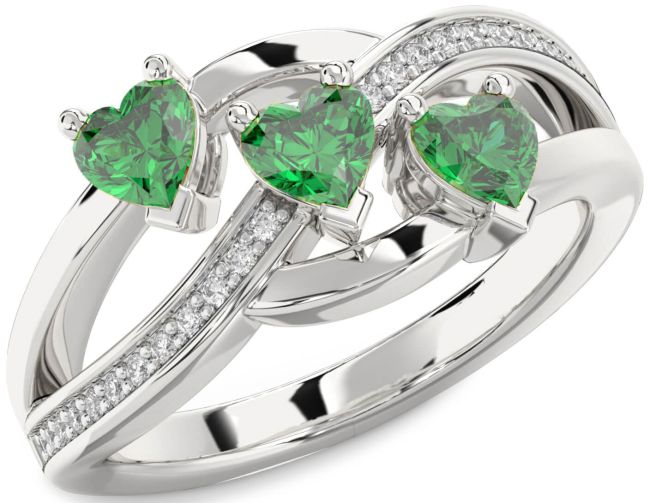 Diamond Emerald Silver Heart Three Stone Birthstone Ring