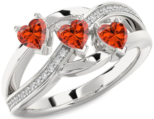 Diamond Fire Opal Silver Heart Three Stone Ring