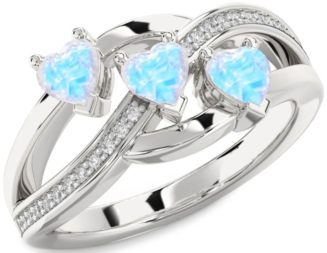 Diamond Moonstone Silver Heart Three Stone Ring