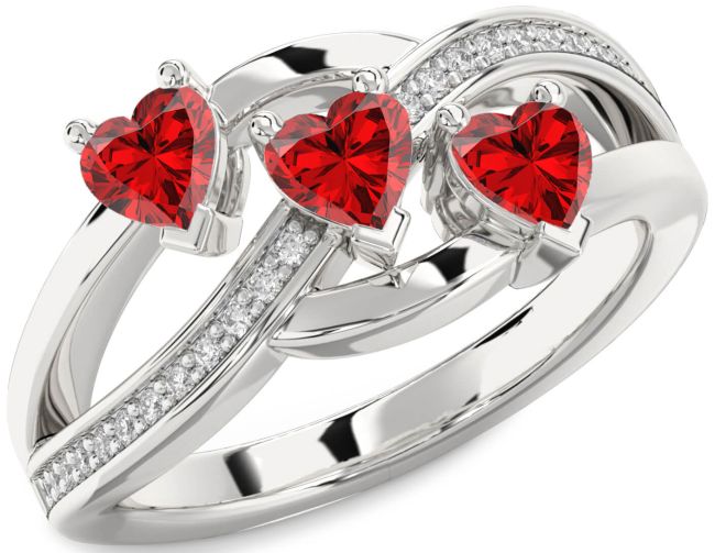 Diamond Ruby Silver Heart Three Stone Birthstone Ring