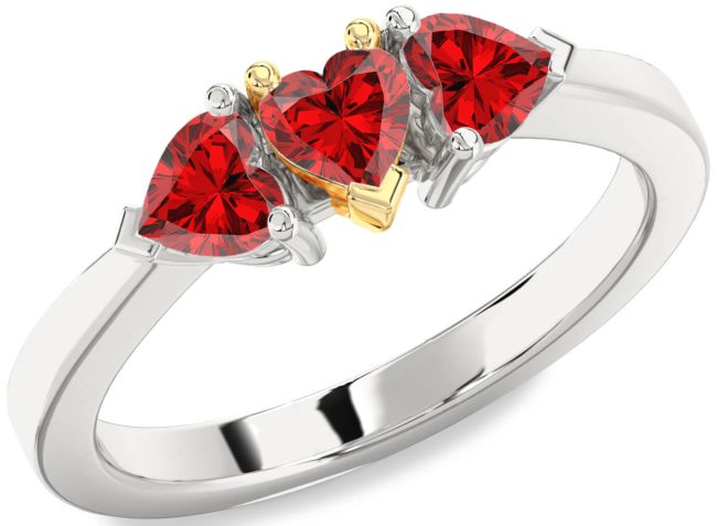 Ruby Gold Silver Heart Three Stone Birthstone Ring