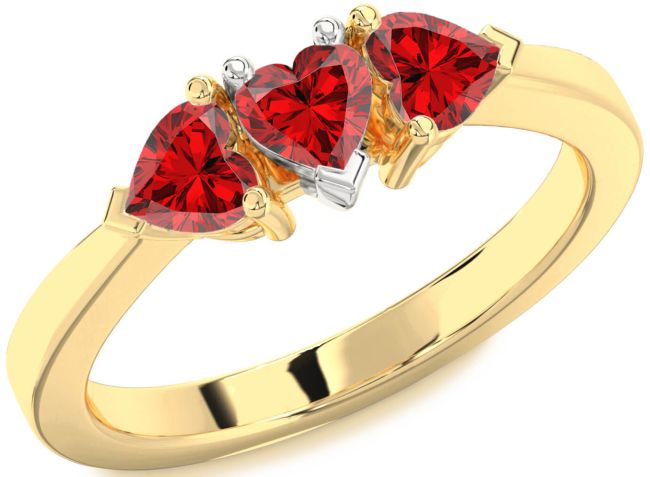 Ruby Gold Silver Heart Three Stone Birthstone Ring